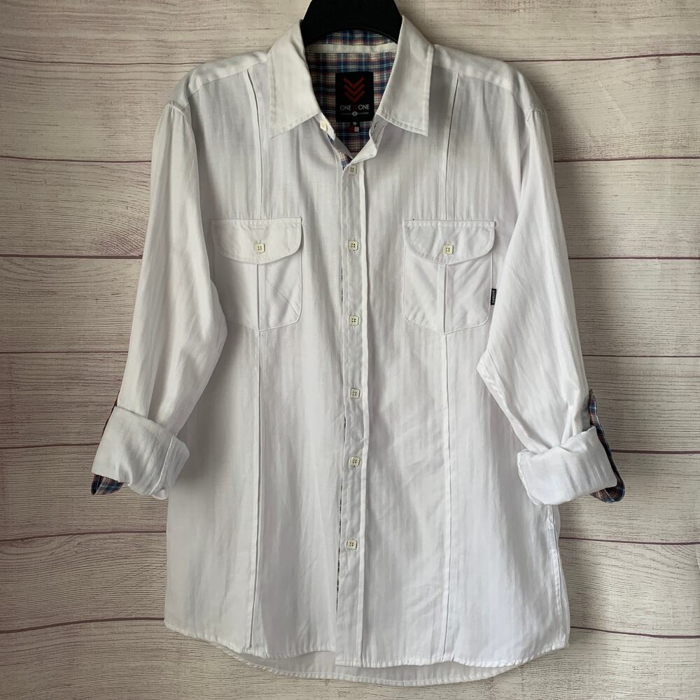 One90One White Button Up Shirt with Plaid Detail Long Roll Tab Sleeves Size L
